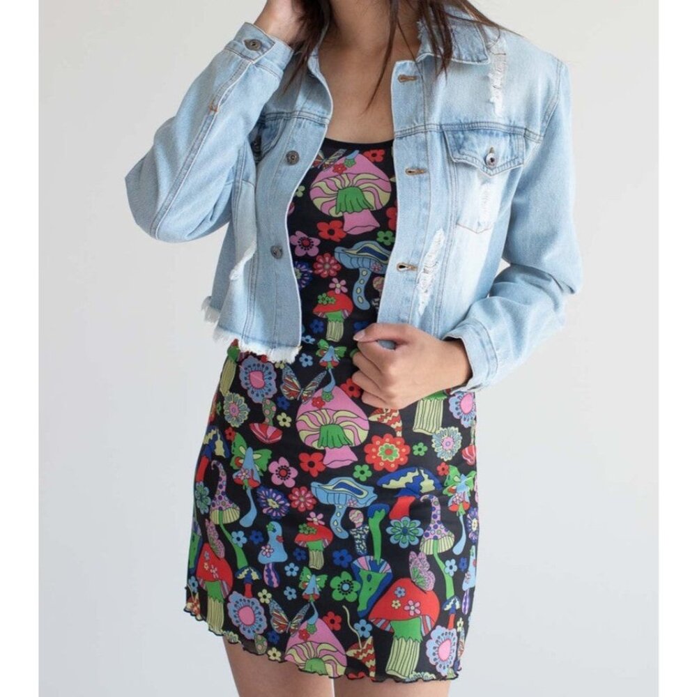 Ragstock Colorful Psychedelic Mushroom Mini Dress Women Med Mesh Overlay Hippie